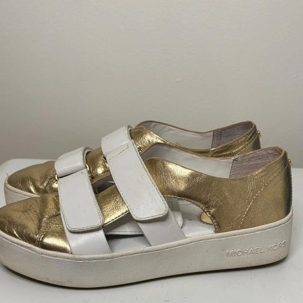 Michael Kors Beckett Velcro Cut-Out Leather Sneakers White Gold Size 7